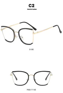 Detailed side and front views of elegant gold-toned cat-eye glasses frames