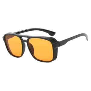 Retro punk style square frame sunglasses with orange lenses and black double bridge frame