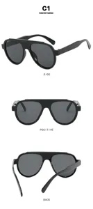 Professional view of oversized black aviator sunglasses from front, side and back angles