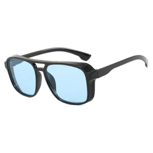 Retro square double bridge punk sunglasses with blue lenses and durable black frame