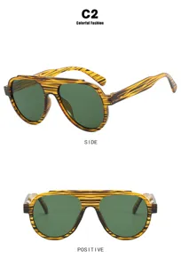 Detailed side and front views of tiger pattern aviator sunglasses with green lenses