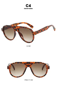 Detailed product shots of tortoise-shell aviator sunglasses from front and side views