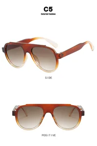 Detailed macro view of brown gradient aviator sunglasses from front and side angles