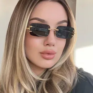 Fashionable rimless rectangle sunglasses with gold metal hardware details for women