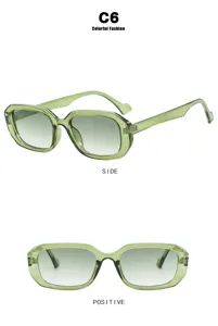 Vista lateral y frontal de gafas de sol retro verdes de montura cuadrada y degradado