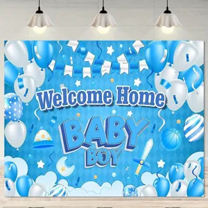 Polyester Baby Shower Photography Backdrop Cloth Blue Balloon Sword Print Welcome Home Boy Party Decoration Banner Wall Hanging Tapestry