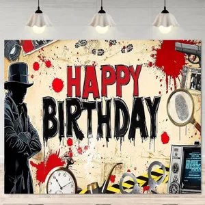 Sfondo Fotografico per Compleanno a Tema Investigativo Banner Happy Birthday Vintage in Poliestere per Decorazione Festa