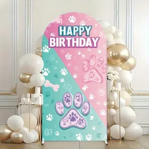 Cute Dog Paw Print Arch Backdrop Cover Bone Pattern Happy Birthday Banner Decoration Cartoon Polyester Arch Wall Fabric Backdrop
