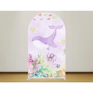 Cartoon Marine Animal Theme Arched Backdrop Cover Purple Whale Seahorse Print Kids Birthday Party Decoration Polyester Photo Wall Hanging