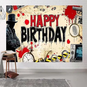 Sfondo fotografico di compleanno a tema detective con carta vintage e motivi vari.