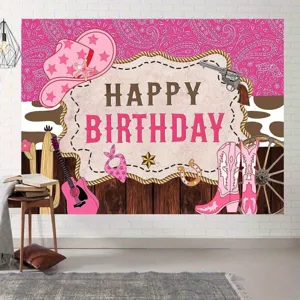 Banner di sfondo per fotografia di festa di compleanno da cowgirl western rosa per ragazze