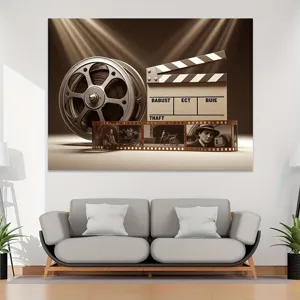 Vintage movie theme photography backdrop featuring film reel and clapperboard for party decor