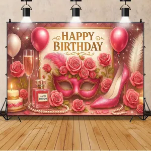 Toile de fond photo d'anniversaire bal masqué rose avec roses et talons