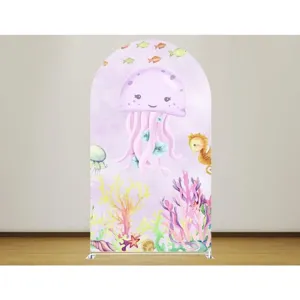 Cartoon ocean animal theme arched backdrop for kids party with cute jellyfish print