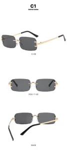 Detailed views showing side, front and back of rimless rectangular gold sunglasses