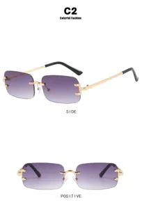 Detailed side and front views of rimless sunglasses with purple gradient lenses