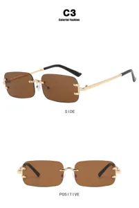 Front and side view of stylish brown rimless rectangular sunglasses with gold metal temples