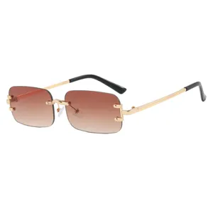 Vintage rimless rectangle sunglasses with gradient brown lenses and gold metal frame