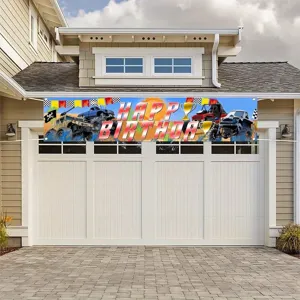 Monster Truck Theme Birthday Party Banner Outdoor Fence Decor Large Polyester Happy Birthday Backdrop For Kids Birthday Celebration