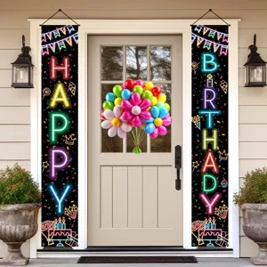 Neon style Happy Birthday porch banners with colorful cake and balloon decor elements