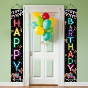Neon Happy Birthday porch banners with colorful balloons and party elements decor