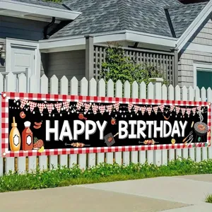 Large BBQ theme Happy Birthday banner with red and white checkered border for outdoor fences
