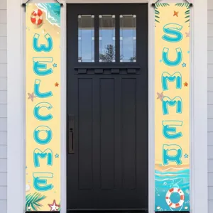 Summer beach theme porch banners set featuring decorative welcome and summer text