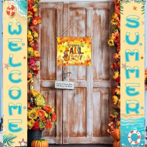 Outdoor summer beach theme porch banner set with Welcome and Summer decorative text.