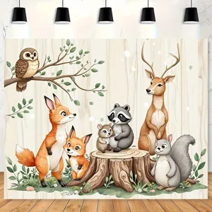 Cartoon Forest Animals Birthday Party Backdrop Woodland Creatures Photography Background Wood Grain Wall Decor Kids Baby Shower Decorative Cloth