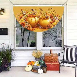 Honey Pot Floral Theme Fan-Shaped Flag Garden Fence Banner Half Round Polyester Pleated Bunting Banners For Outdoor Harvest Autumn Yard Decoration