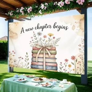 A New Chapter Begins floral book backdrop for graduation and housewarming party decoration