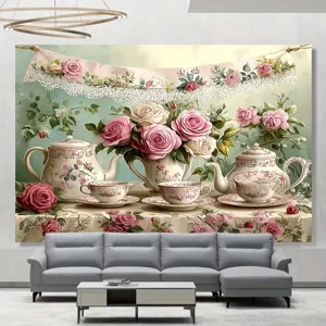 Vintage English tea party photography background cloth featuring roses and teapots decor