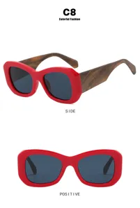 Montura de gafas de moda roja extragrande con patillas de grano de madera frontal