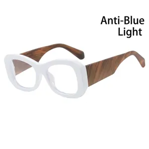 Gafas cuadradas de moda con montura blanca y patillas de madera, filtro de luz azul