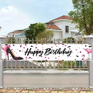 Banner Buon Compleanno con Tacchi Alti Rosa e Calice di Vino per Ragazze Donne Sfondo in Poliestere Decorazioni per Feste