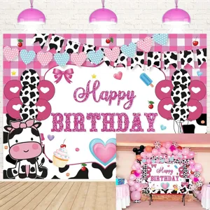 Pink Cow Print Birthday Backdrop For Girls Sweet Cool Style Happy Birthday Photography Background Polyester Party Decoration Banner