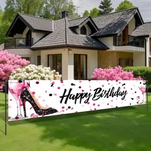 Striscione di compleanno con cocktail rosa e tacchi a spillo per decorazione feste