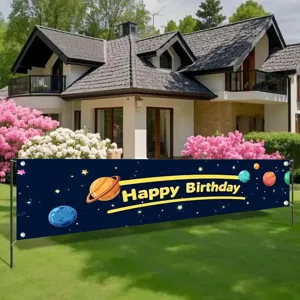 Outer space planet theme Happy Birthday banner for outdoor garden party decorations