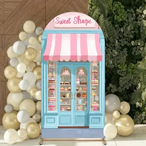 Arched backdrop cover with pink and blue dessert shop theme for party decor