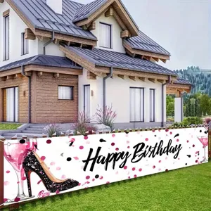 Striscione Happy Birthday con calice di vino rosa e design di scarpe col tacco glitterate