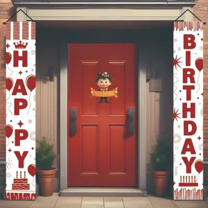 Festliche rot-weiße Geburtstags-Veranda-Banner mit Happy Birthday Türbehang-Set.