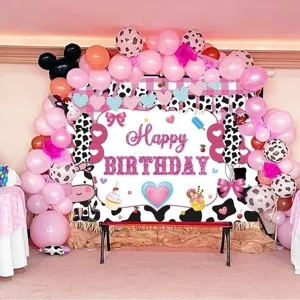 Pink cow print birthday party photography backdrop with balloons decoration for girls