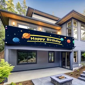 Outer space planet theme happy birthday banner with colorful prints for kids party