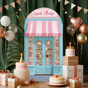 Arched backdrop featuring a pink and blue Sweet Shoppe theme for party photography.