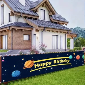 Outdoor space themed happy birthday banner with colorful planets for kids party decor