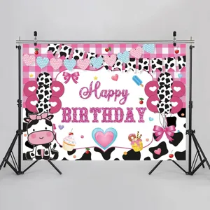 Pink cow print birthday backdrop with Happy Birthday text for party photography decor