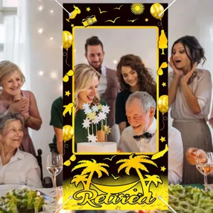 Festive black and gold retirement party photo booth frame banner with palm tree design