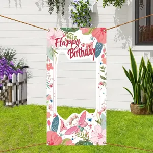 Blumen Schmetterling Geburtstag Fotobox Hintergrund mit dekorativem ausgeschnittenem Rahmen