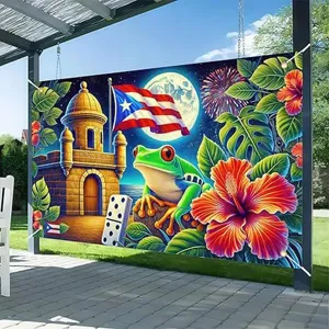 Puerto Rico theme backdrop with Coqui frog and hibiscus flowers for culture festivals