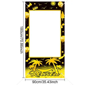 Large black and gold retirement party backdrop banner with palm tree photo cutout